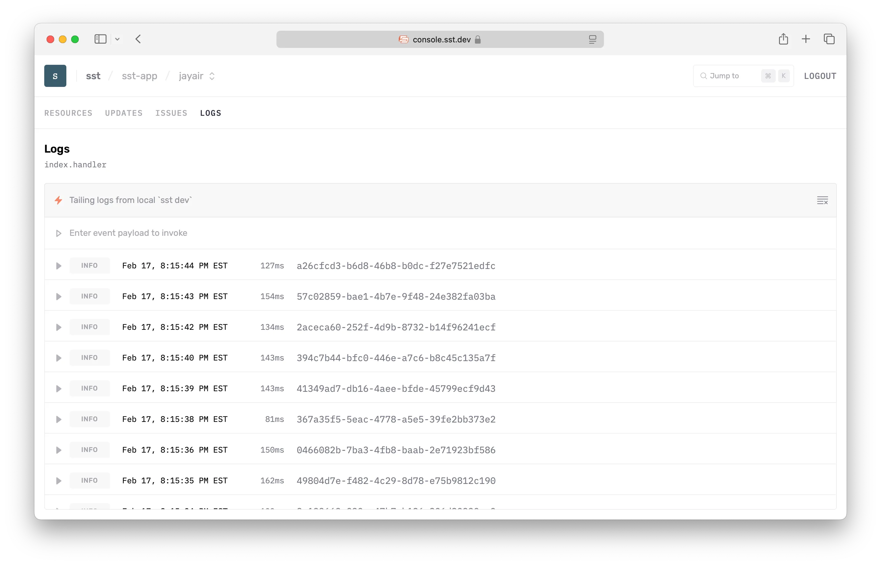 SST Console Local logs