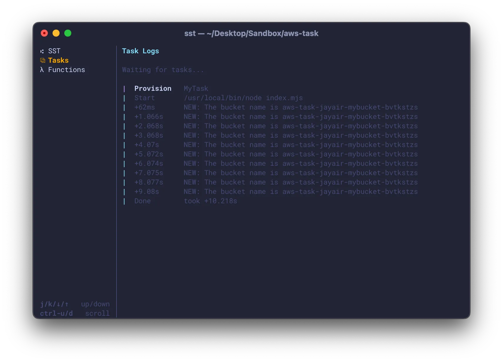 SST Dev CLI Tasks tab