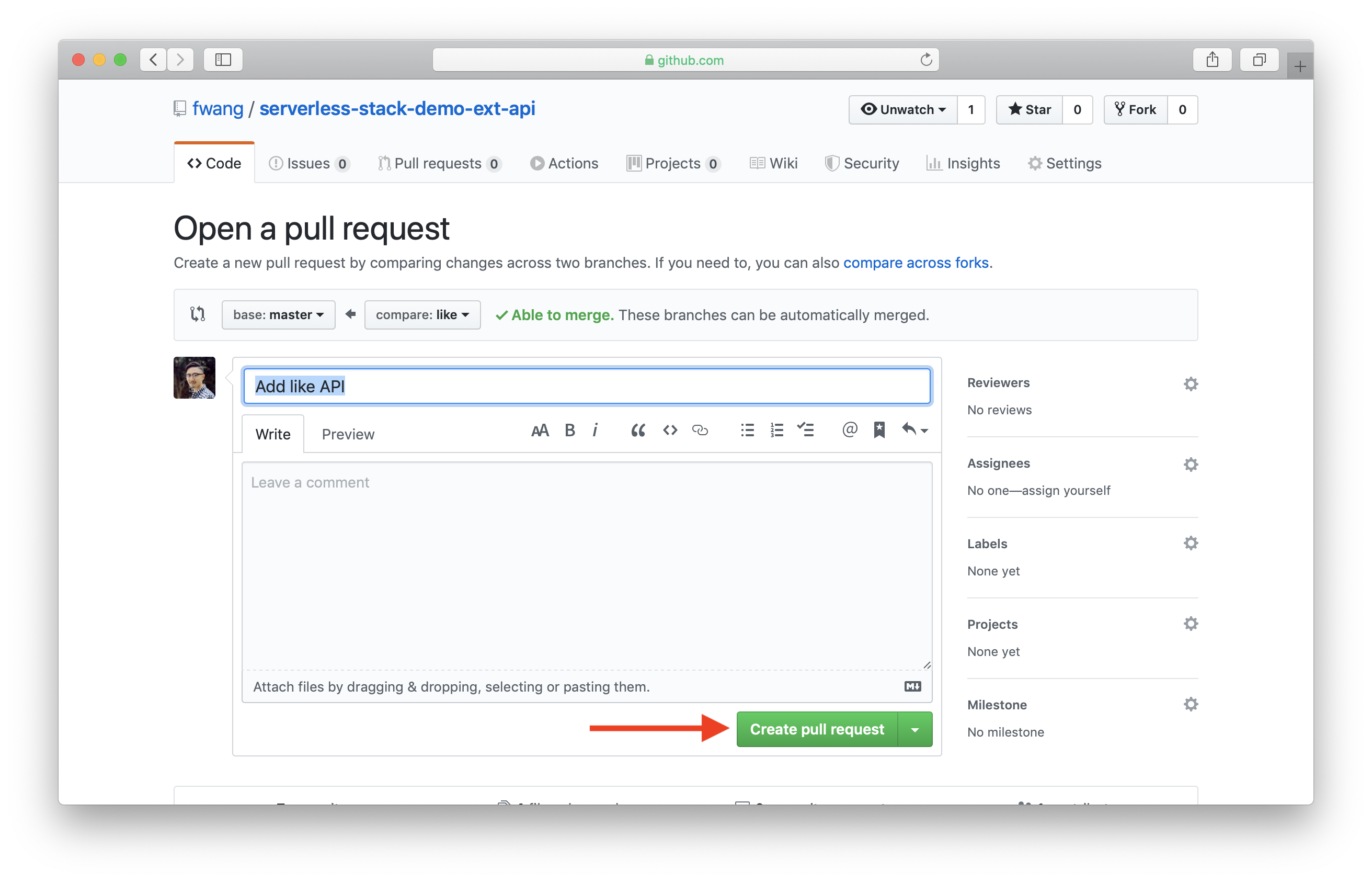 Select Create pull request in GitHub