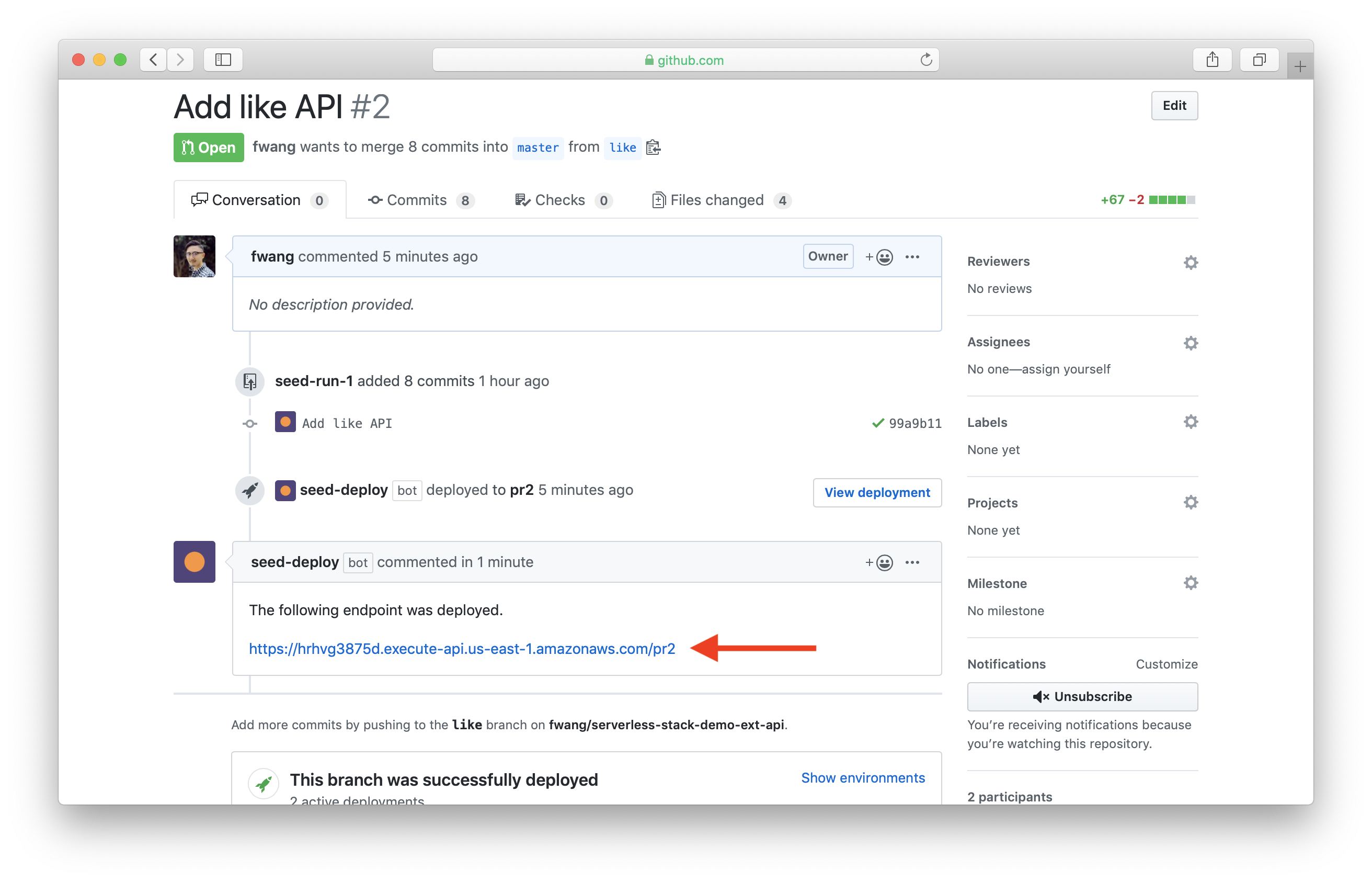 Show API endpoint in GitHub PR page