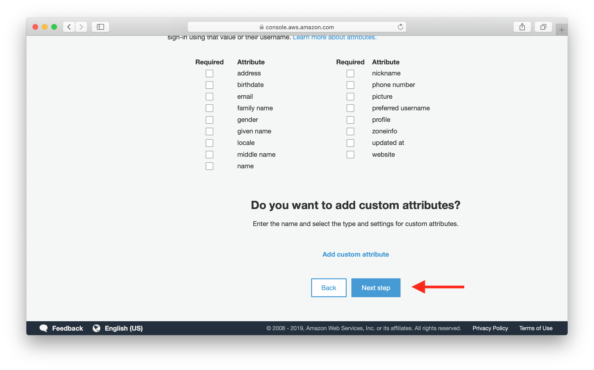 Select attributes next step screenshot