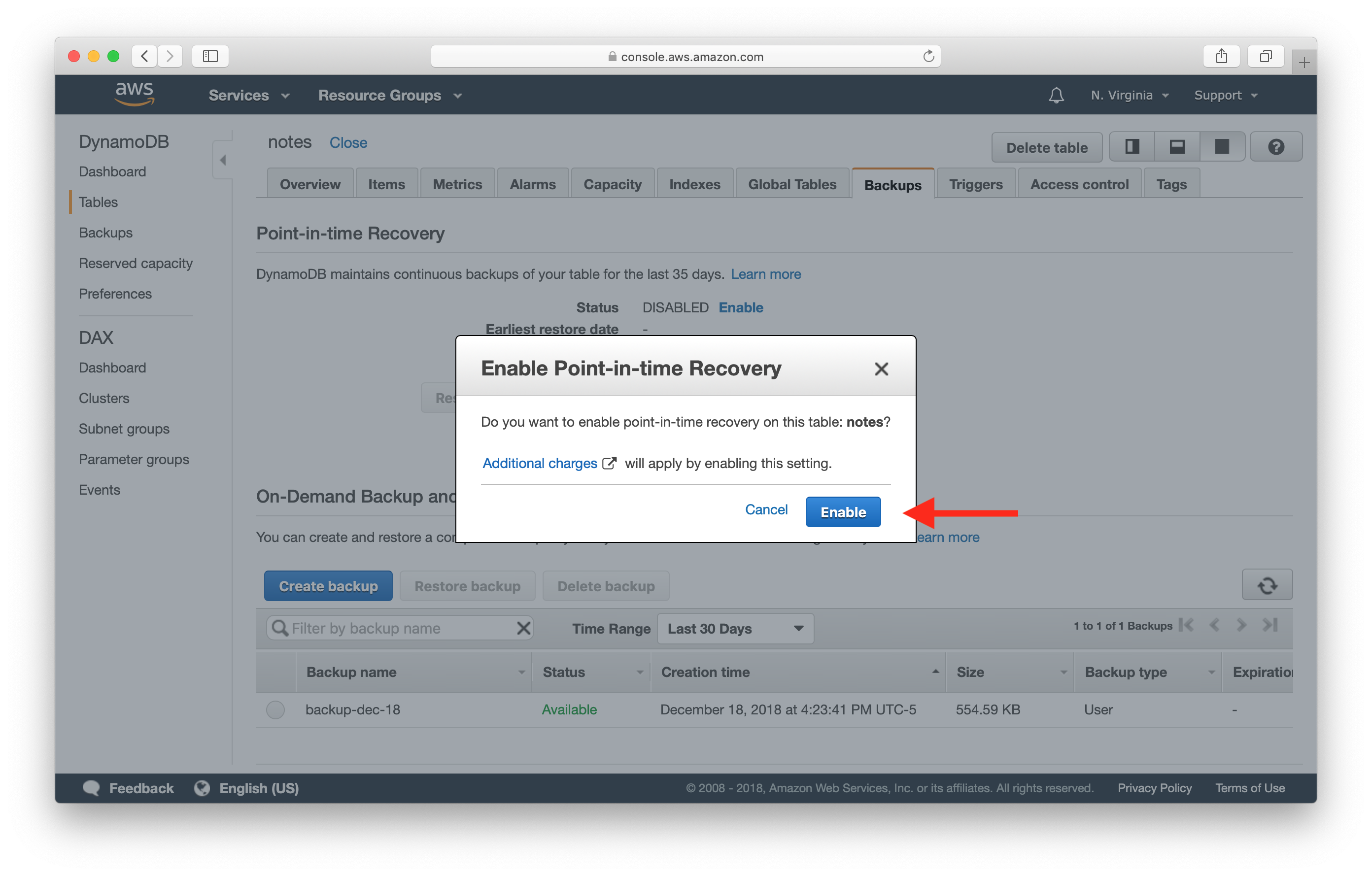 Confirm Enable DynamoDB Point-in-time Recovery screenshot