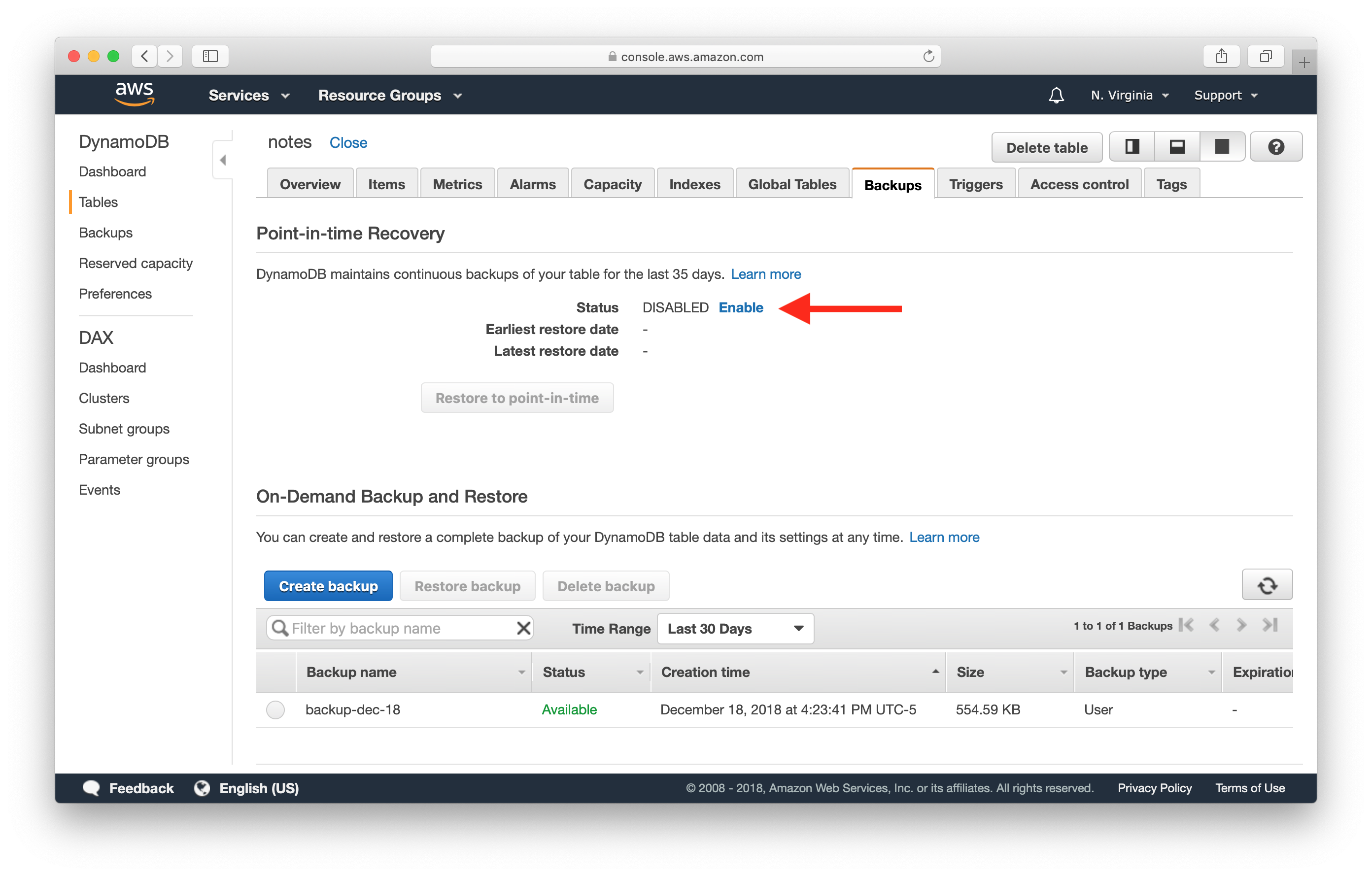 Hit Enable DynamoDB Point-in-time Recovery screenshot