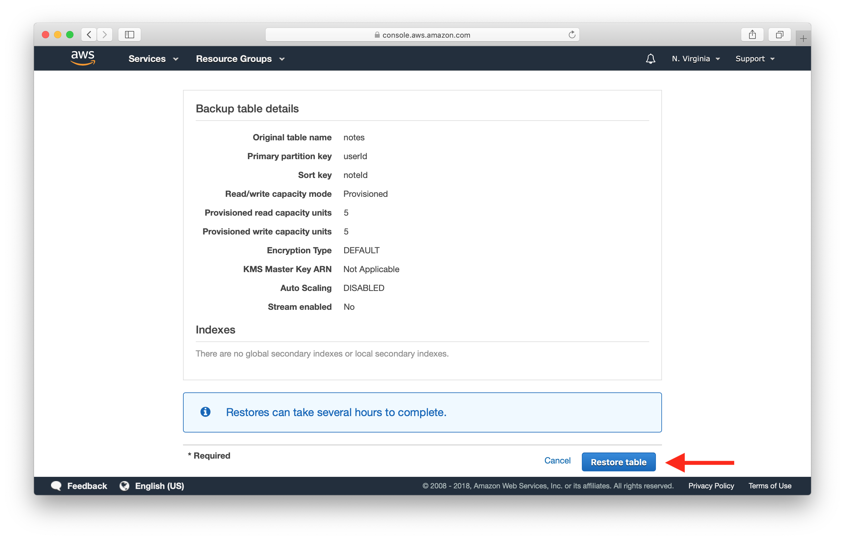 Select Restore DynamoDB table to Point-in-time screenshot