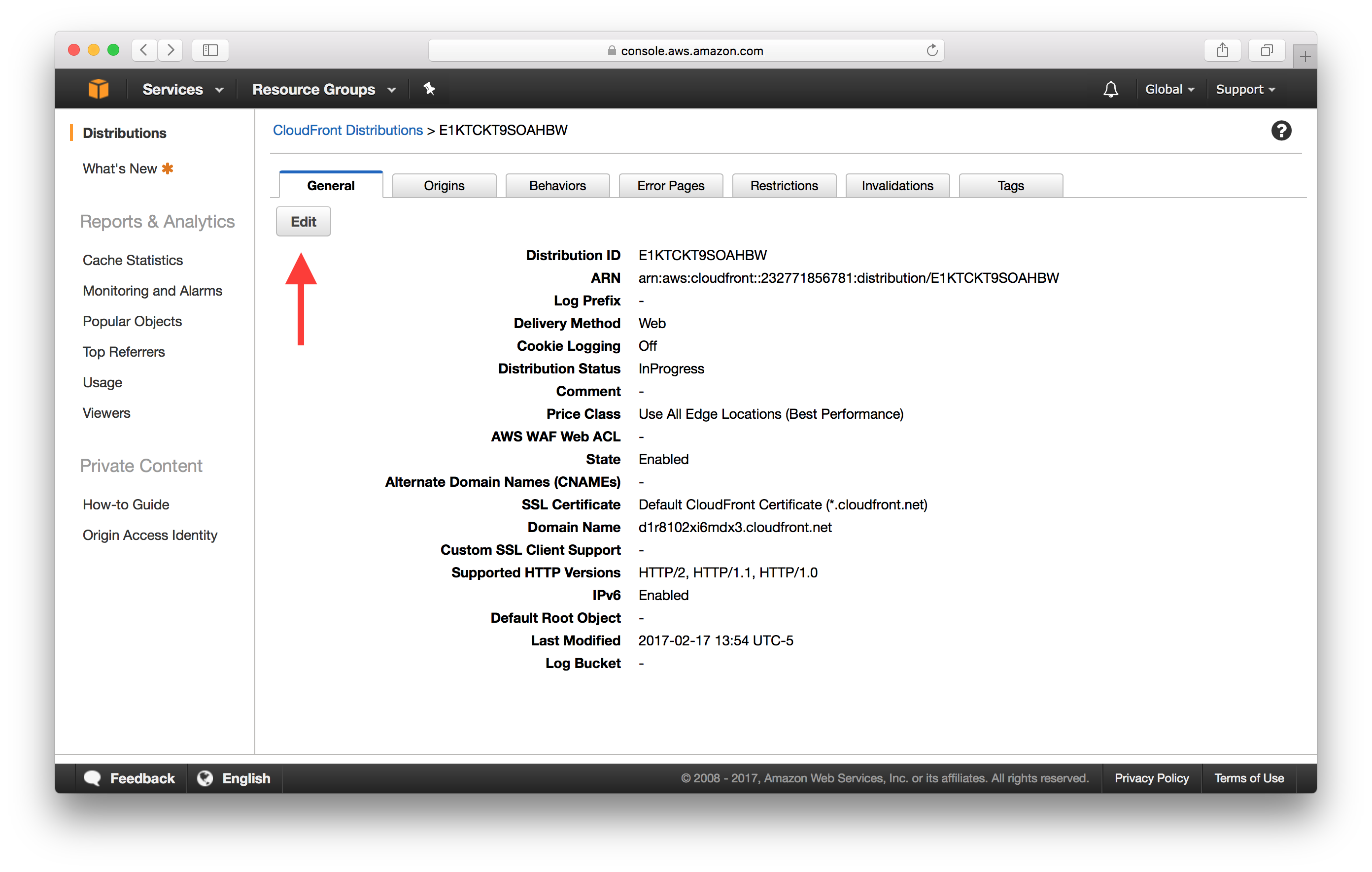 Edit CloudFront Distribution screenshot