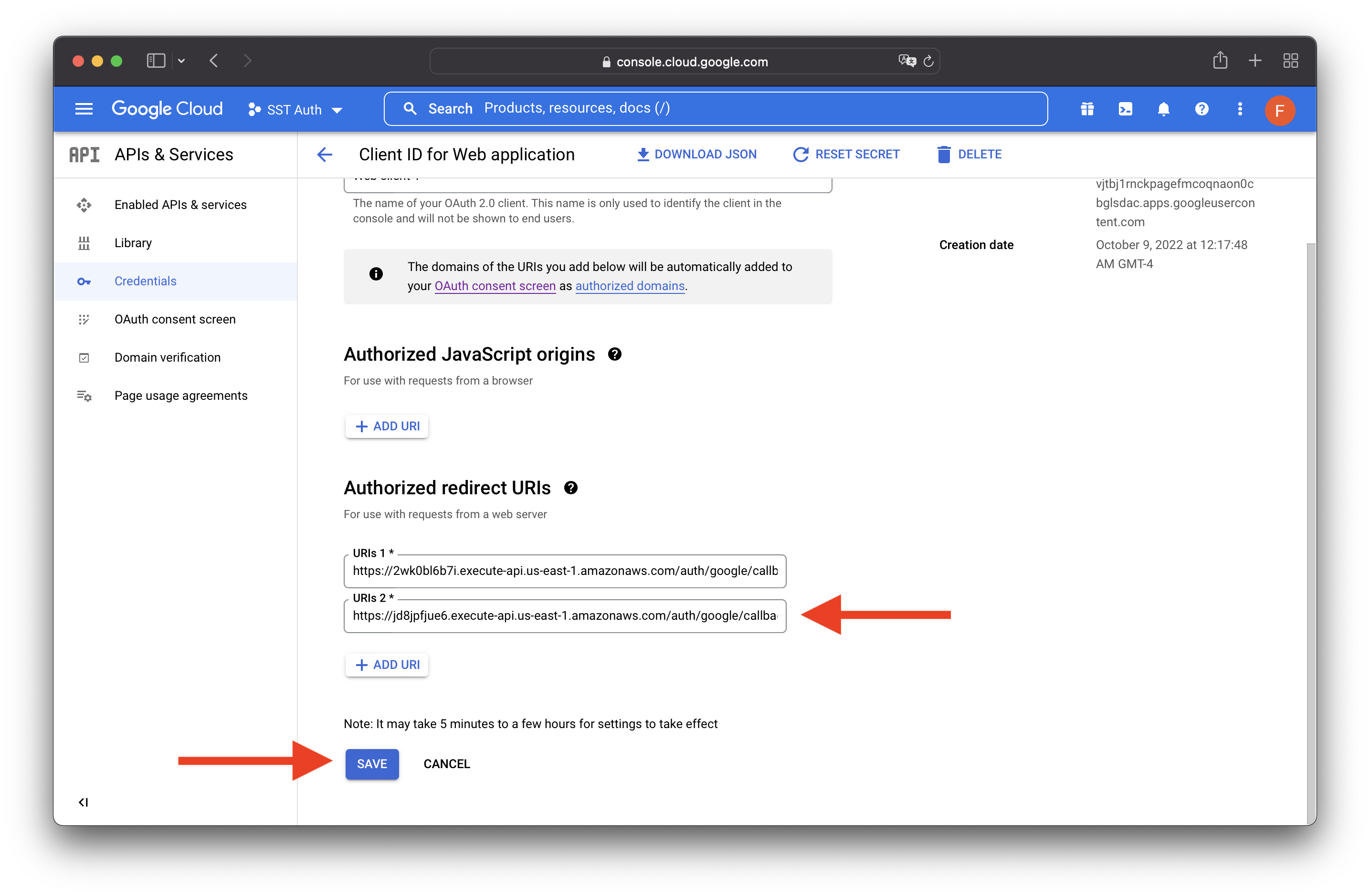 GCP Console Authorize Redirect URI For Prod