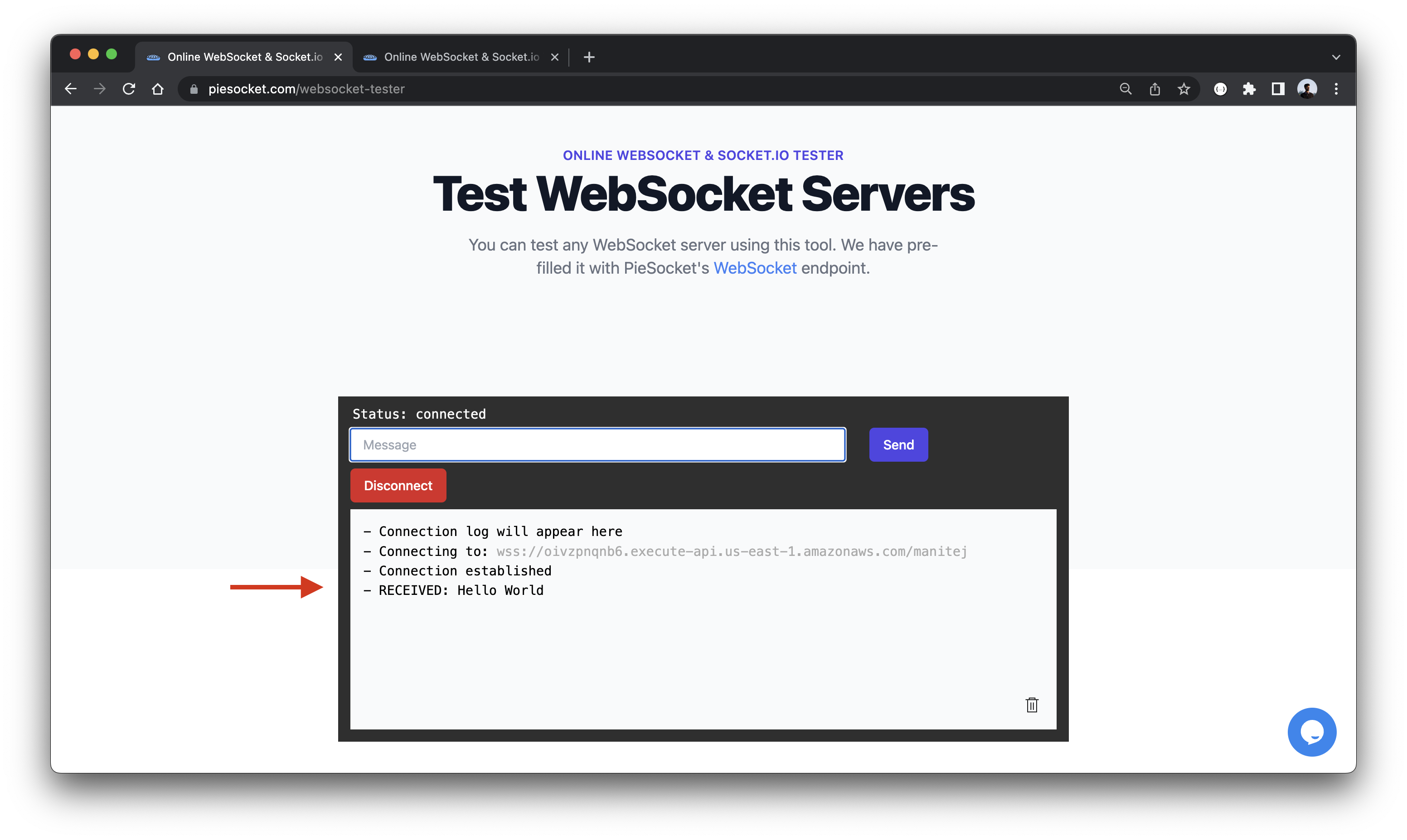Receive message from serverless WebSocket API