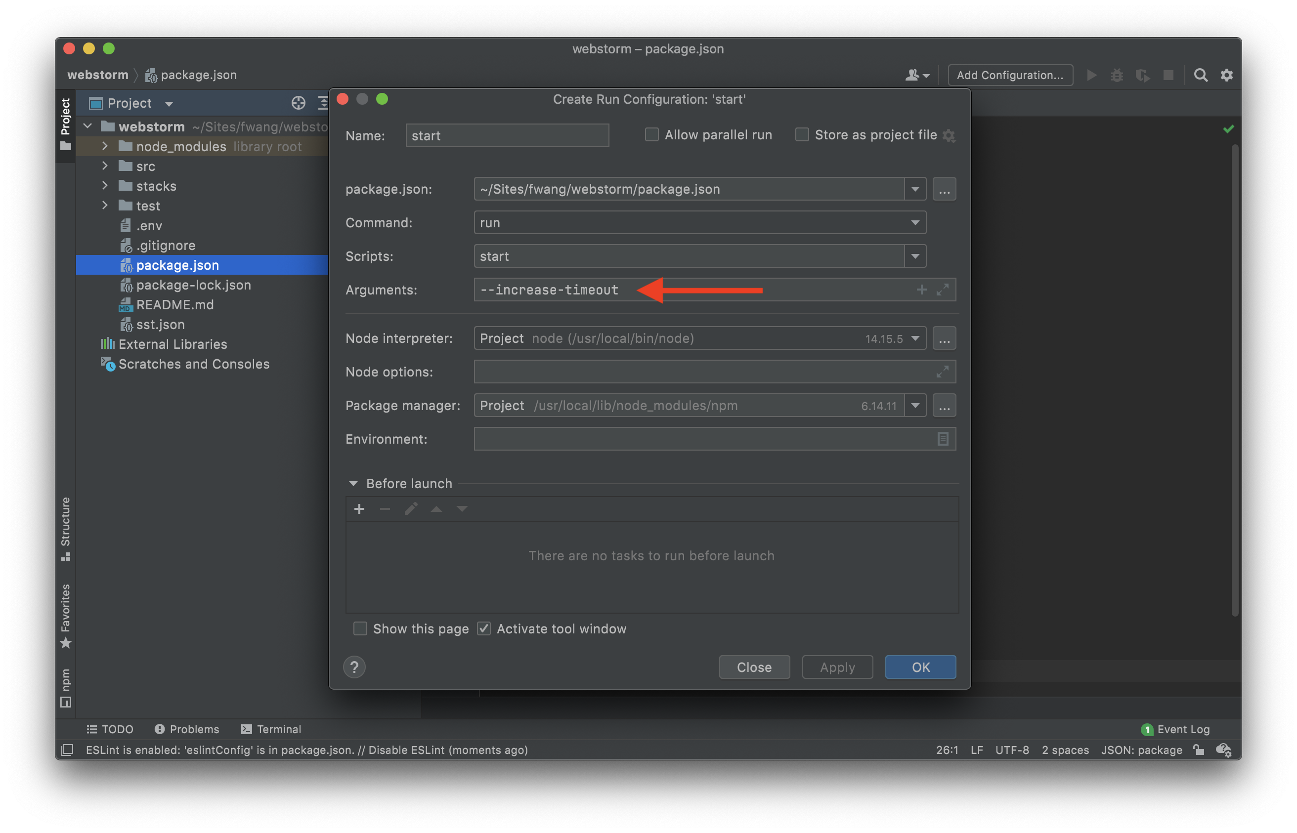 Set increase timeout in run configuration in WebStorm