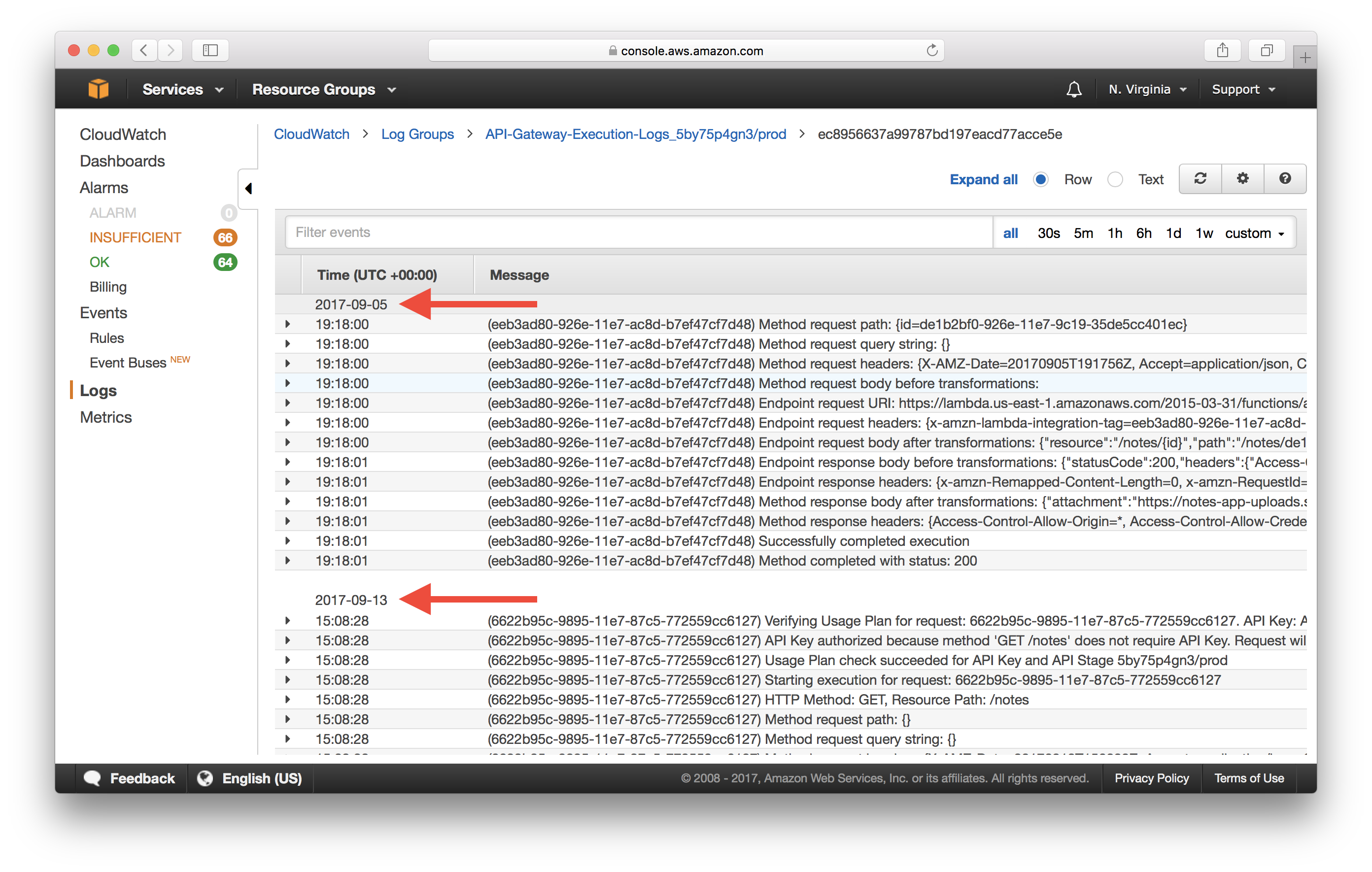 CloudWatch API Gateway Log Entries Screenshot