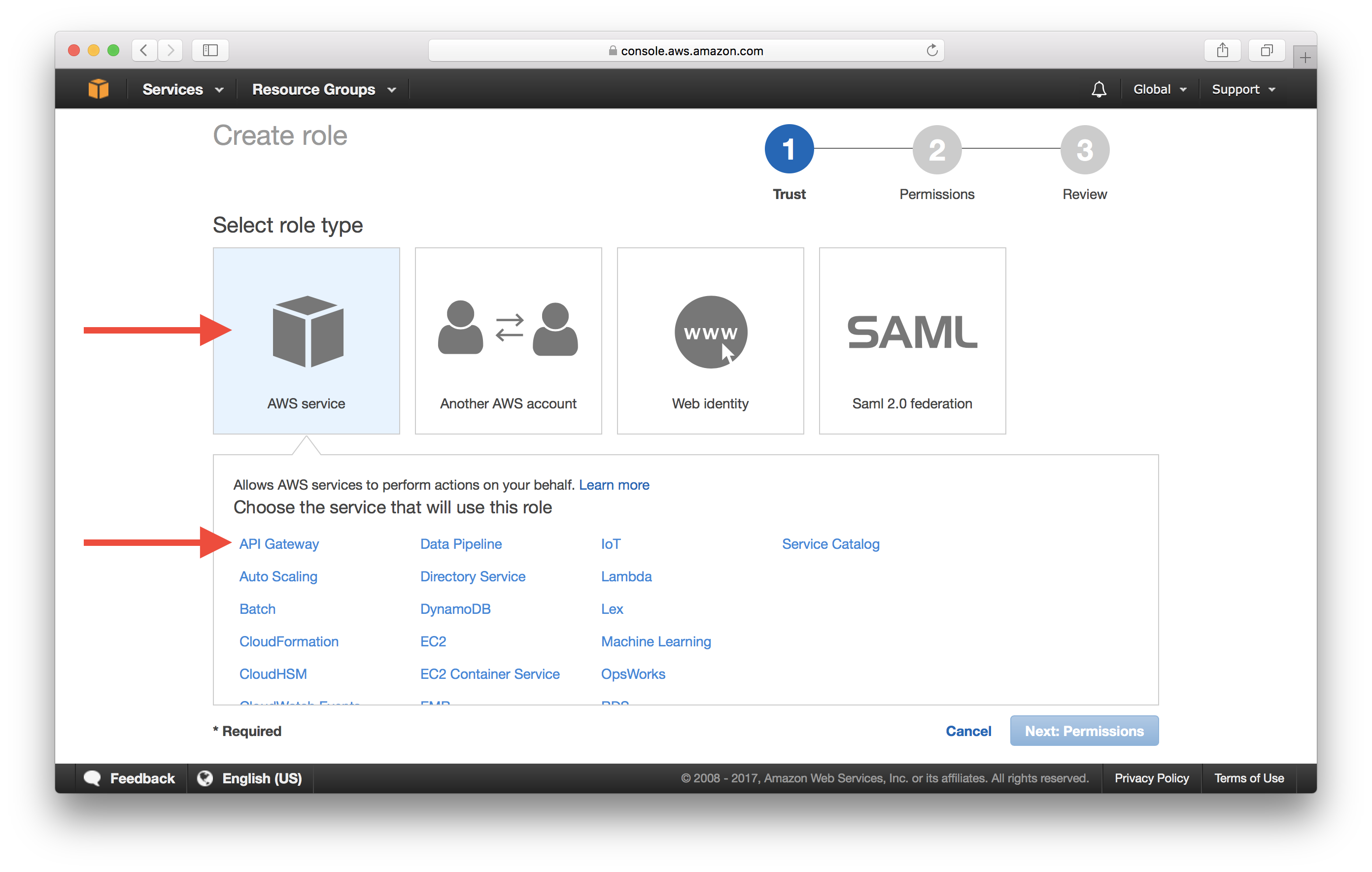 Select API Gateway IAM Role Screenshot