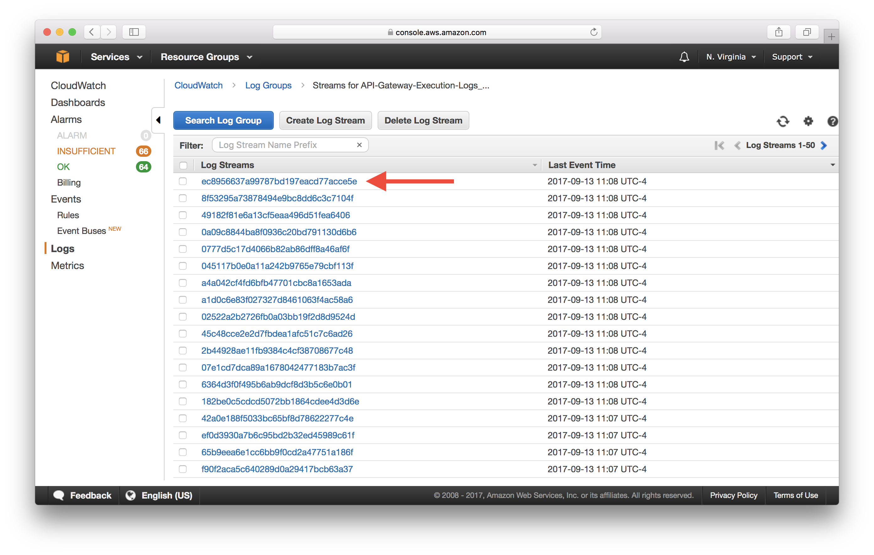 Select CloudWatch API Gateway Log Stream Screenshot