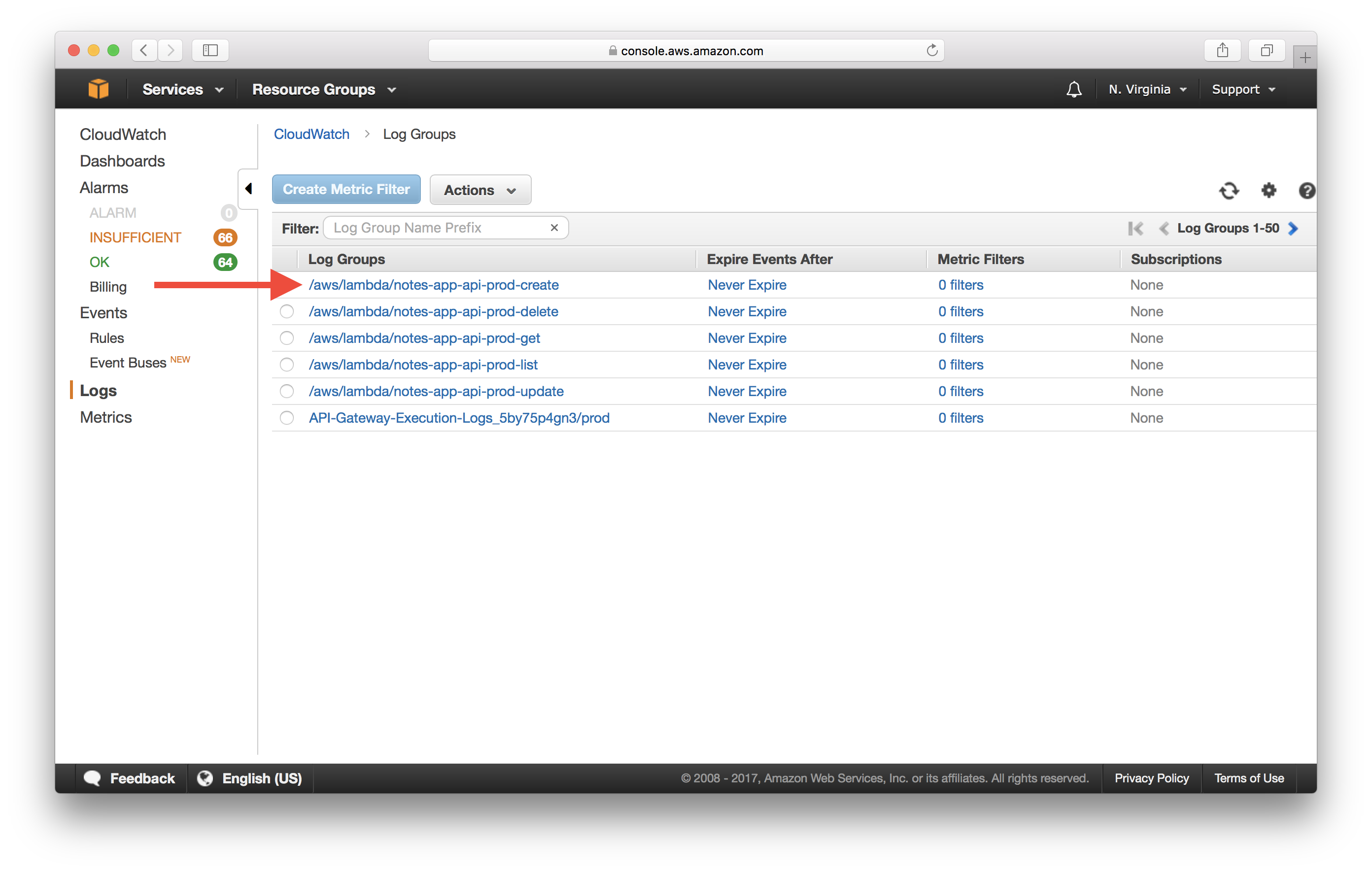 Select CloudWatch Lambda Log Group Screenshot
