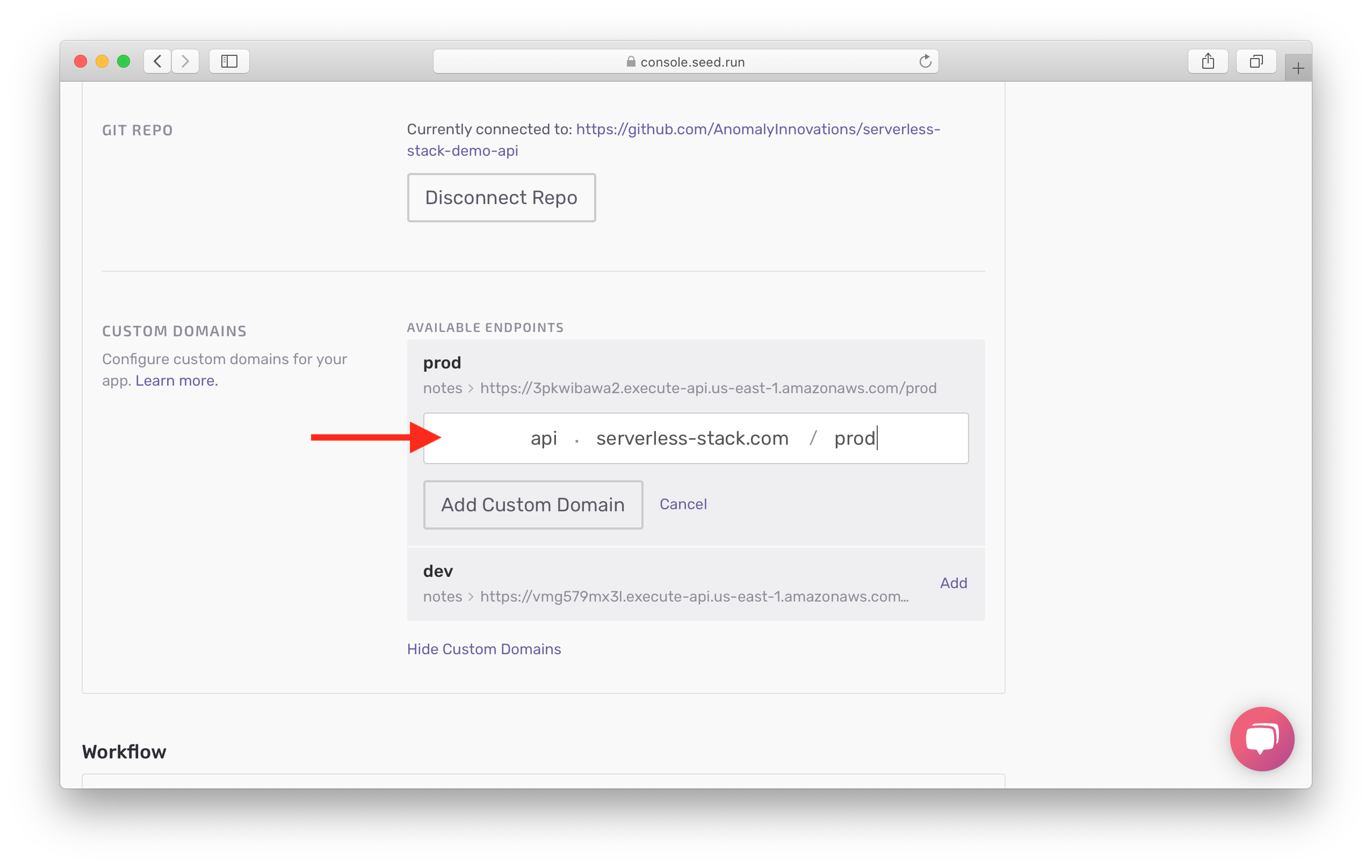 Click Add Custom Domain button for prod endpoint