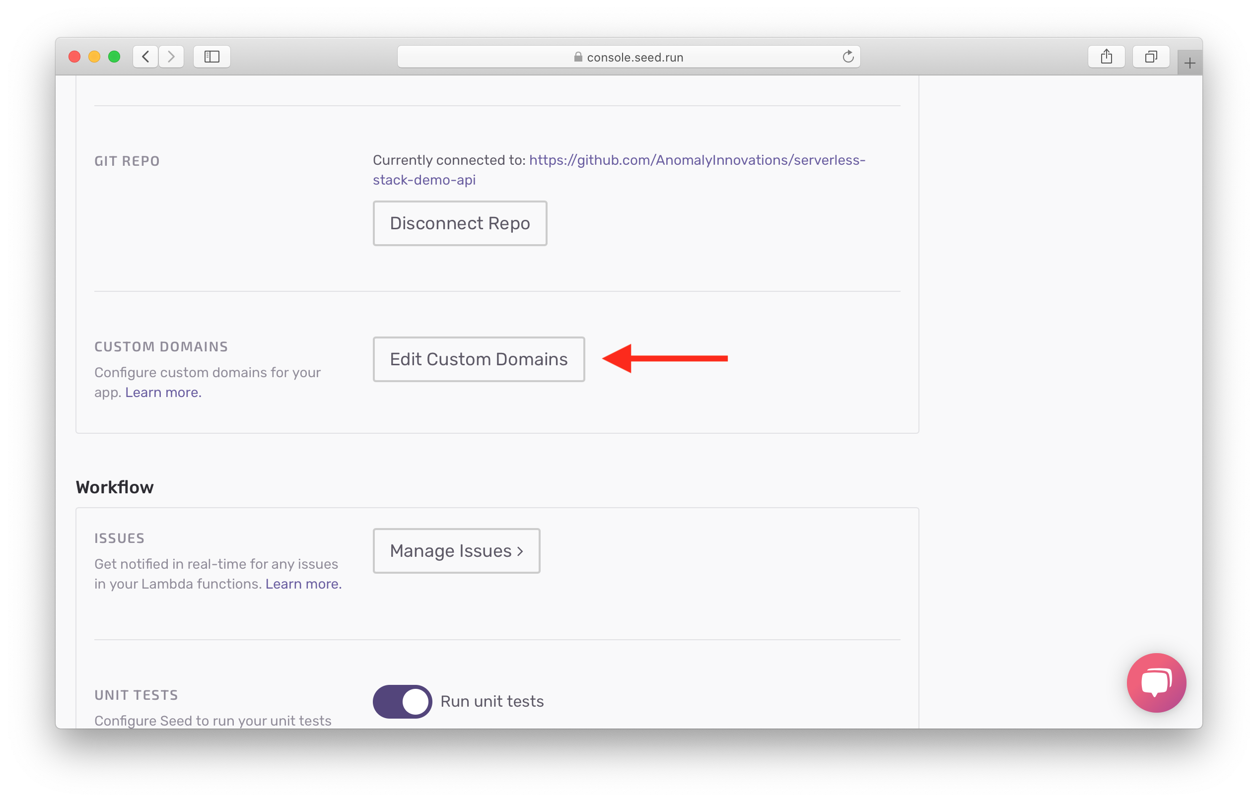 Click Edit Custom Domains in app settings screenshot