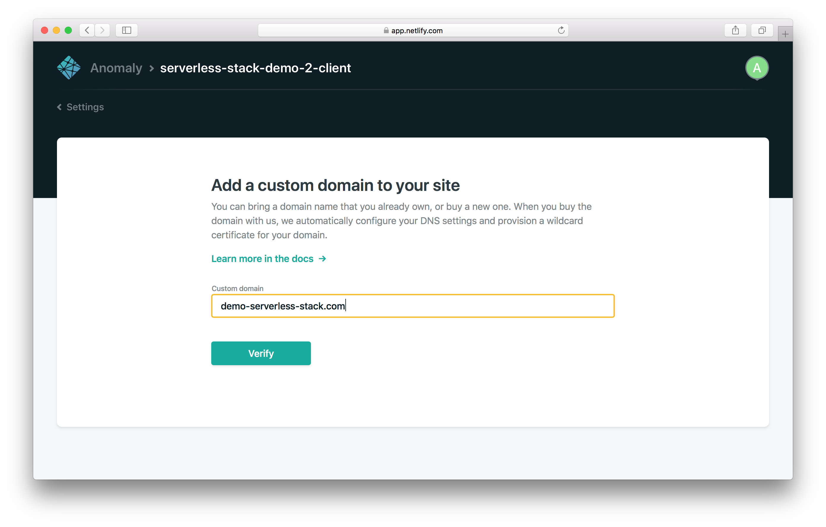 Enter custom domain screenshot
