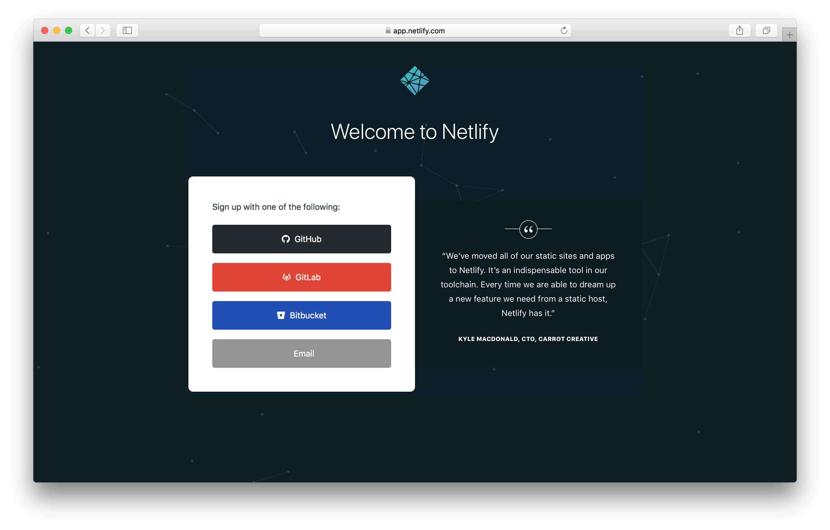 Signup for Netlify screenshot